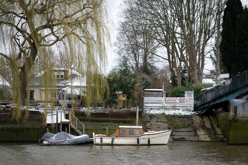 A scene along a riverbank showing a small white boat with a brown wooden cabin moored close to the water's edge, next to a covered object wrapped in a grey tarp. In the background, there is a wooden fence and a small white shed with signage, situated behind a collection of leafless trees and shrubs. The trees have prominent, bare branches, and one large tree to the left with a weeping willow's drooping branches hanging over the water. The environment appears to be an outdoor residential area, with a brick retaining wall and a metal bridge or walkway visible on the right side of the image. The overall setting suggests a quiet, rural riverside location during late winter or early spring, with a muted colour palette of browns, greys, and greens. The scene reflects a natural environment where private or alternative waste handling such as rubbish removal services by House Clearance Twickenham could be relevant for clearing debris or clutter from the property before or after seasonal changes.